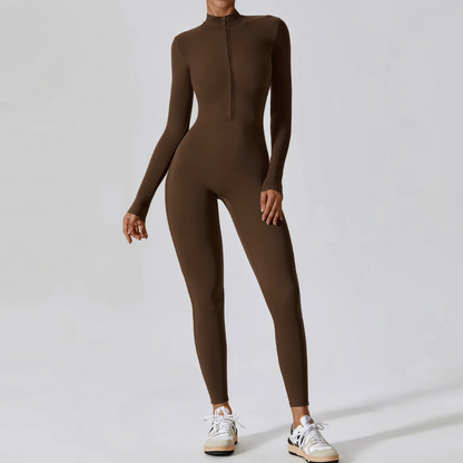 Zipped Yoga Suit in Coffee Brown