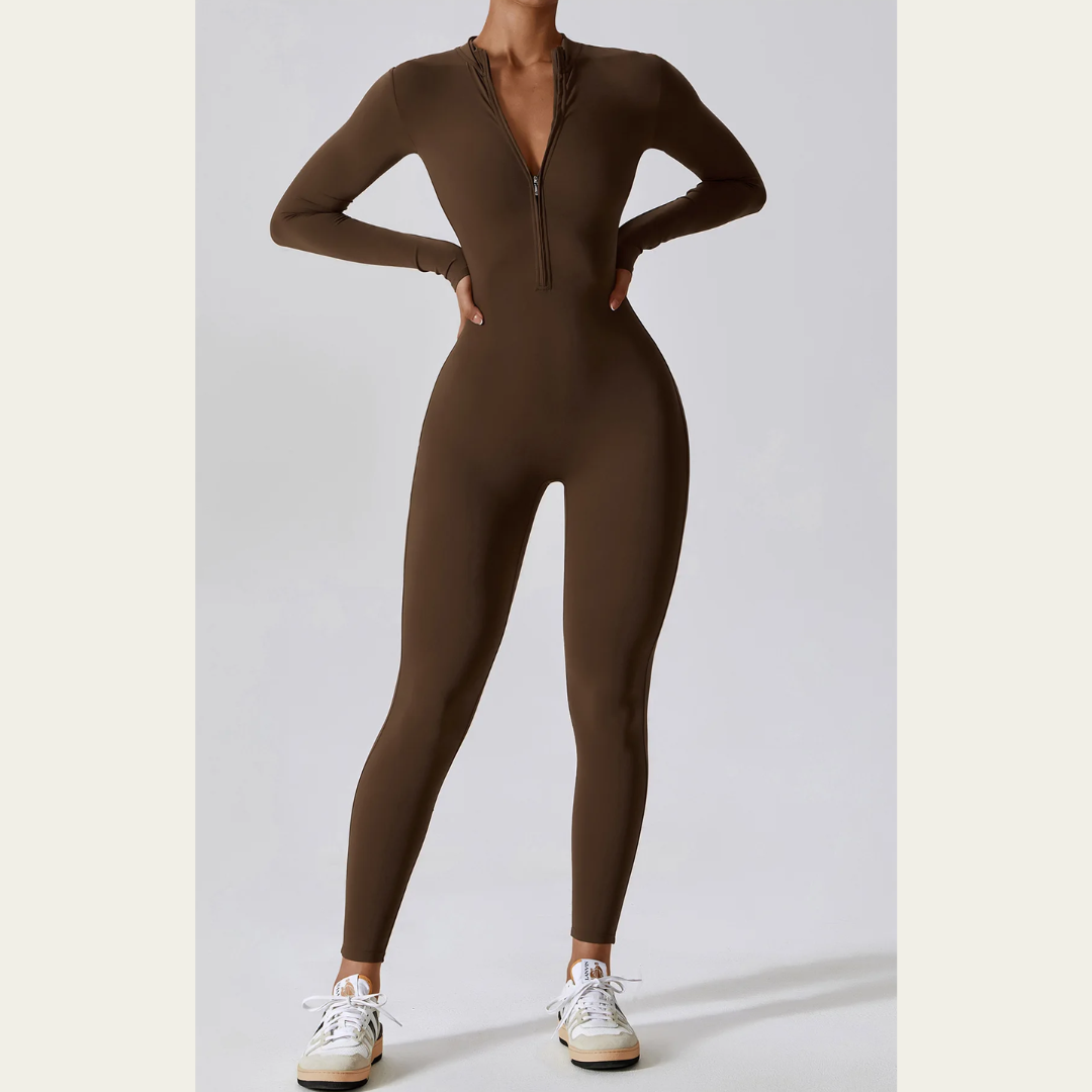 Zipped Yoga Suit in Coffee Brown