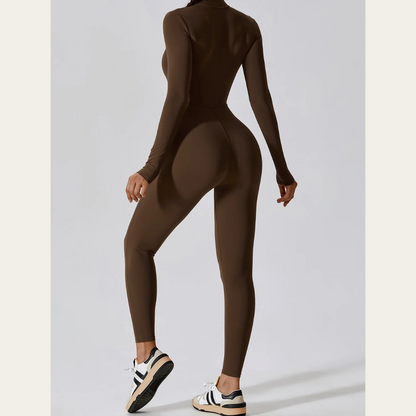 Zipped Yoga Suit in Coffee Brown